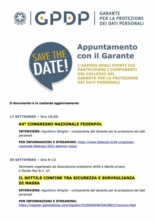 Vi aspettiamo al seminario formativo del 30 Settembre p.v. ! Fra i relatori, Agostino Ghiglia. Ringraziamo l’Autorità per la preziosa collaborazione.